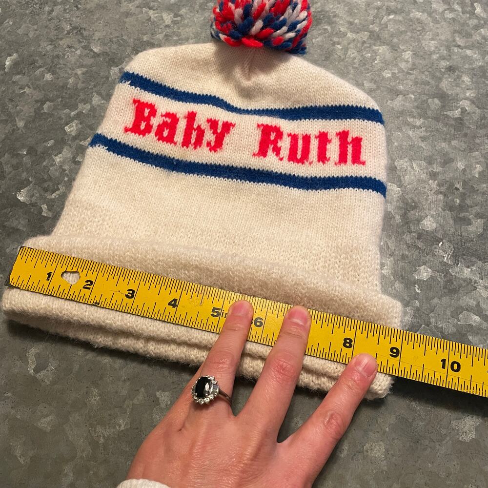 Vintage Baby Ruth Candy Bar Pom Pom Knit Beanie Hat O/S Red White Blue Ski Snow - Picture 8 of 8